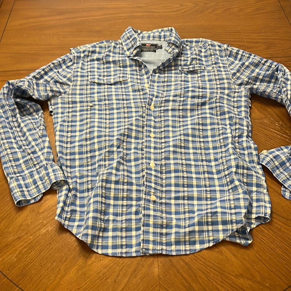 Vineyard vines blue and yellow plaid long sleeve button down harbor shirt Small